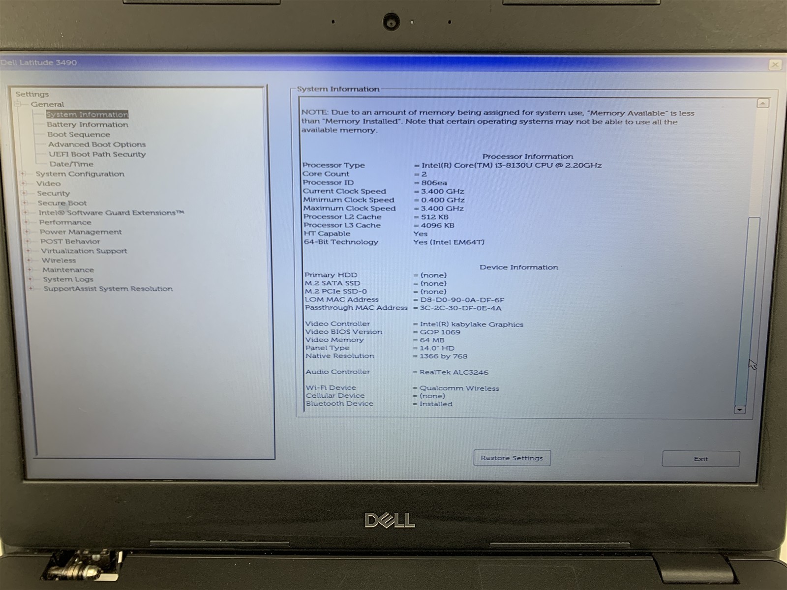 Dell Latitude 3490 Intel i3-8130U 2.20GHz 4GB RAM No HDD/SSD No Battery 5HFMTW2