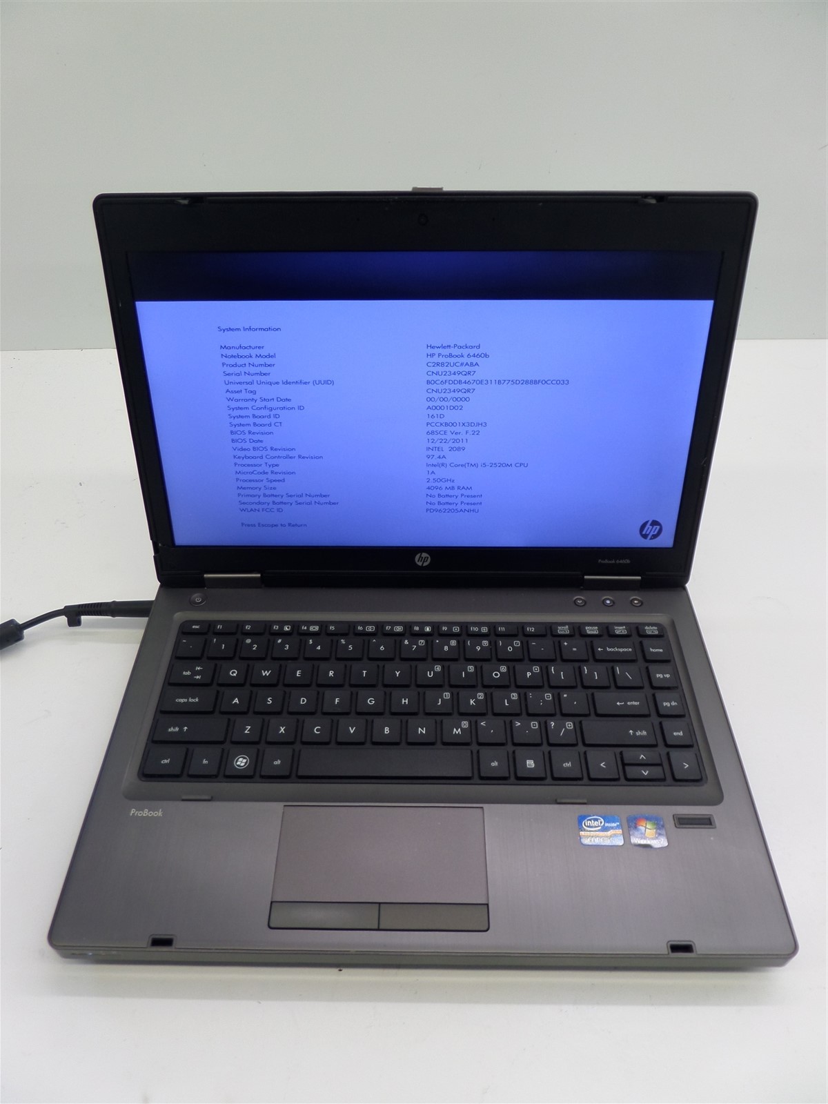 HP ProBook 6460b Core i5-2520M 2.5GHz CPU 4GB RAM Broken Screen No HDD/OS