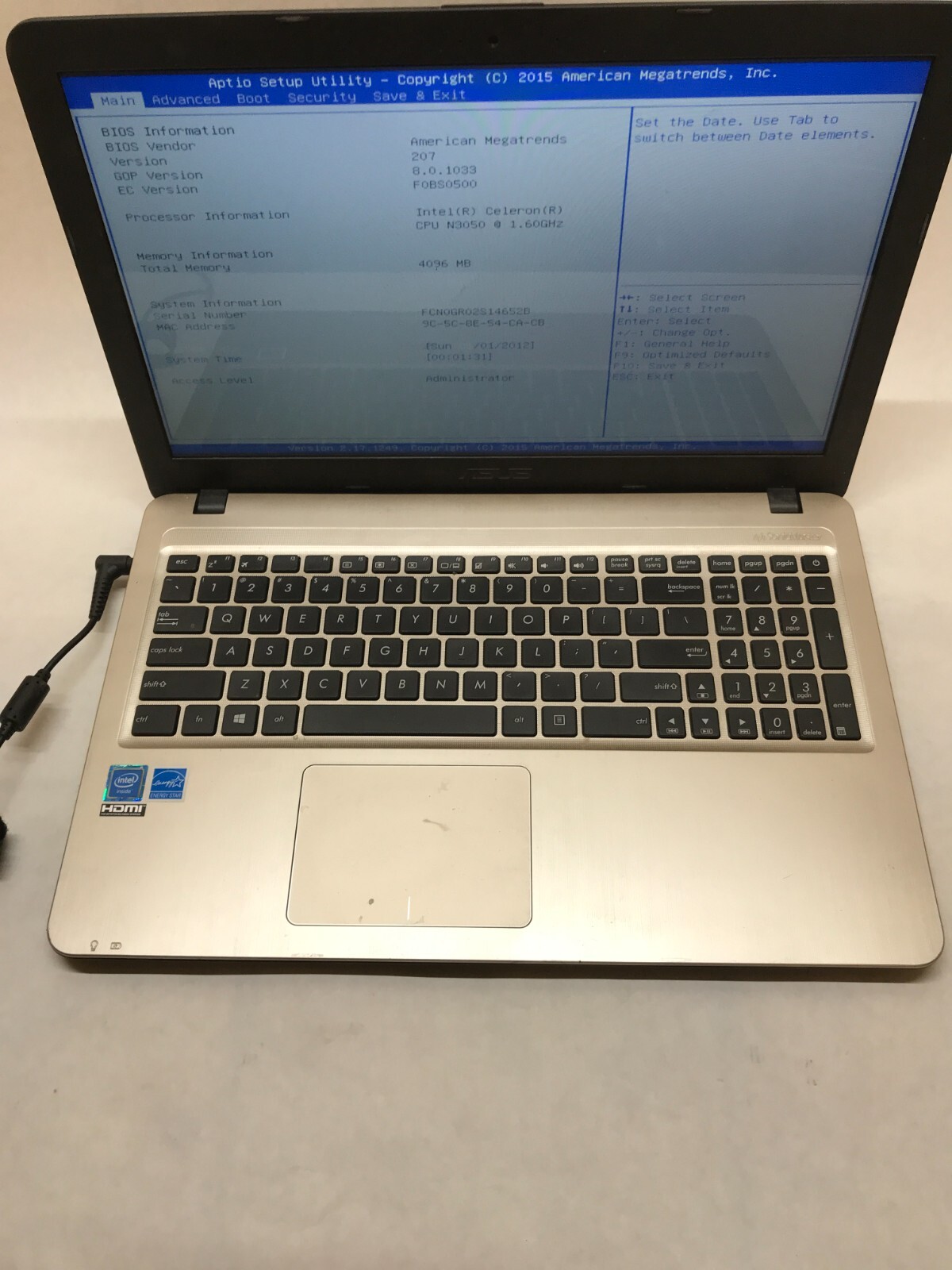 Asus X540S 15″ Laptop Celeron N3050 1.6GHz 4GB RAM NO HDD/OS BAD KB For Parts DW