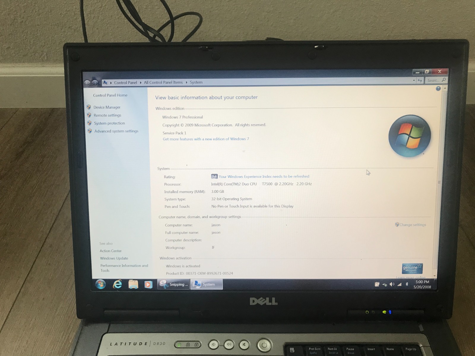 Dell Latitude D830 15.4″ Intel Core 2 Duo T7500 2.20GHz 3GB RAM 80GB HDD Win 7