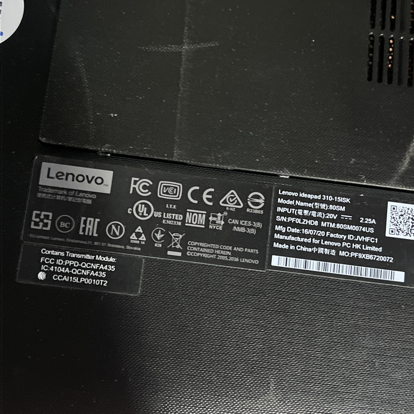 LENOVO IDEAPAD 310-15ISK INTEL CORE I7 8GB RAM NO HD “