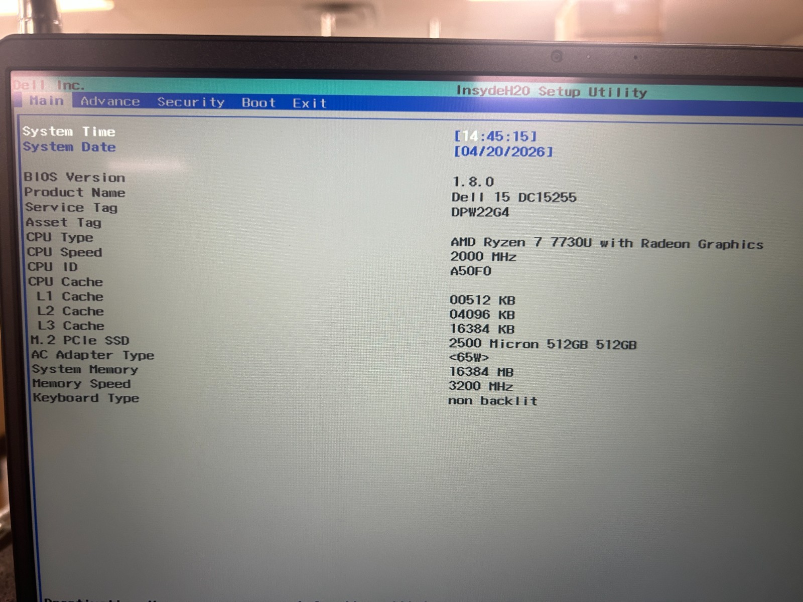DELL 15 DC15255 G8MK9, AMD Ryzen 7 7730U, 2.00 GHz, 16 GB RAM, 512 GB NVMe