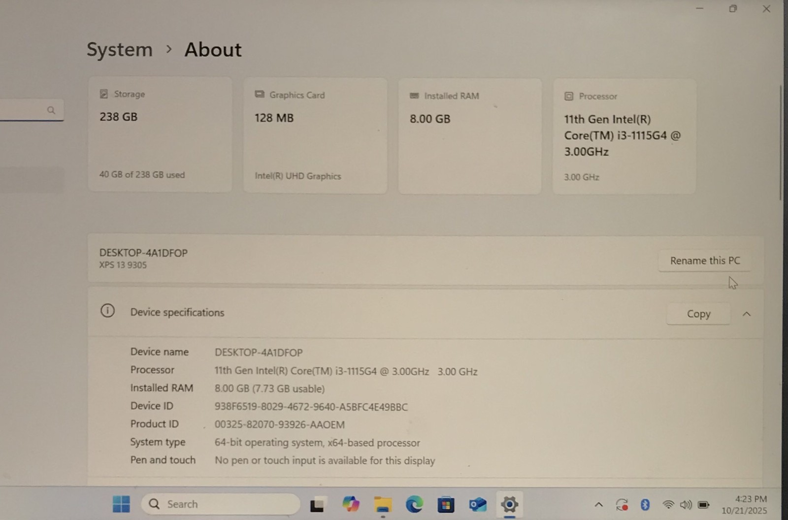DELL XPS 13 9305 i3-1115G4@3.00GHz 8GB RAM 256GB NVMe W11H *READ