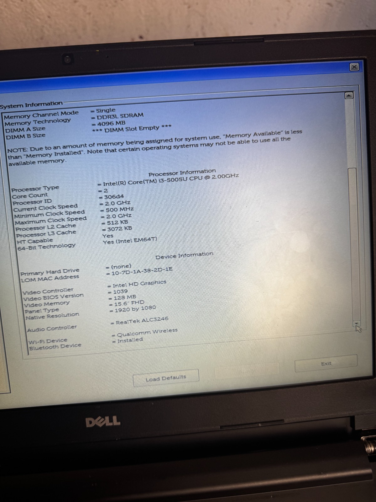 Dell Latitude 3560 Core I3-5005U Laptop For Parts/Repair #6427