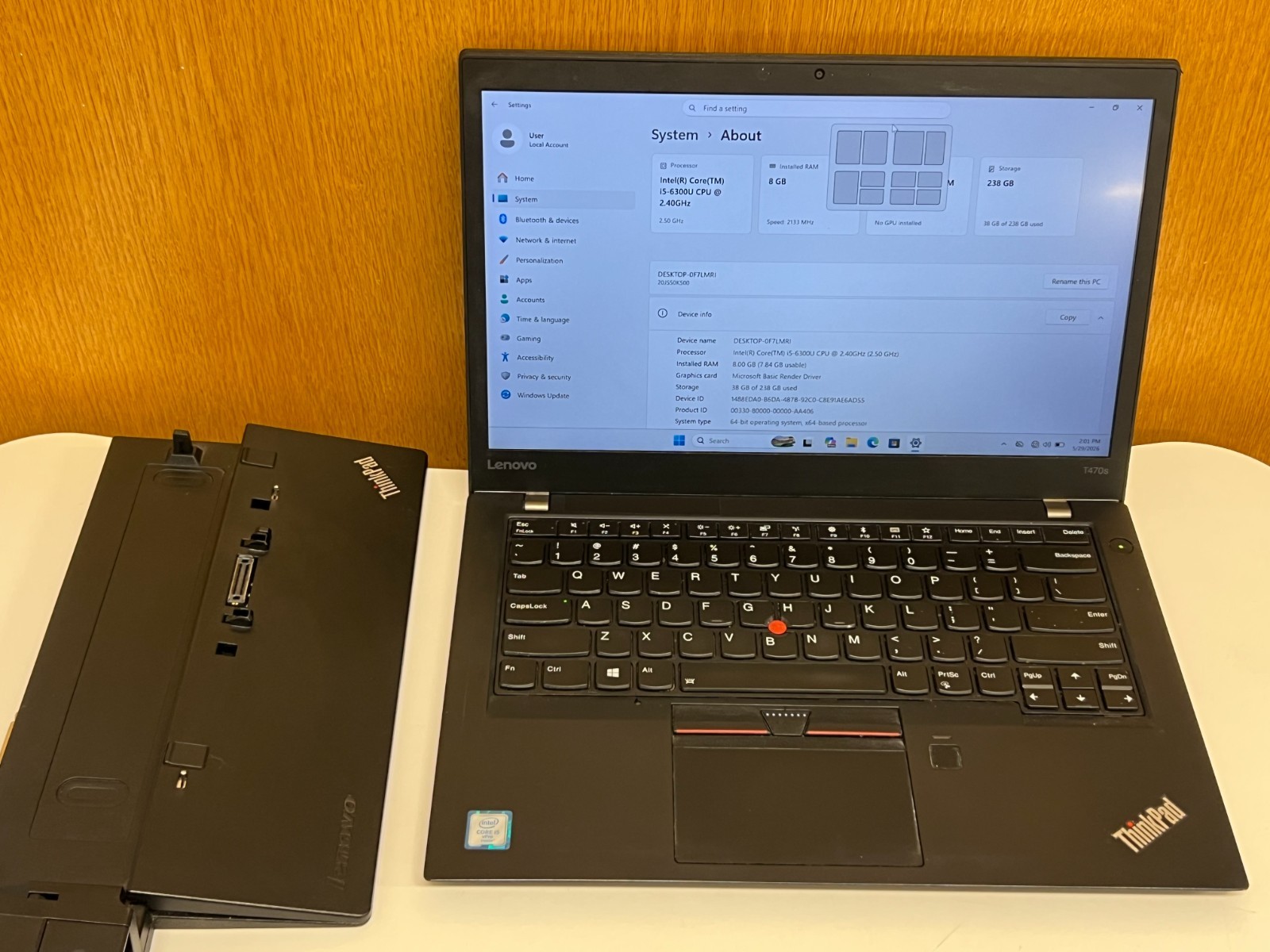 Lenovo ThinkPad T470s + Len Ultra Dock ( i5-6th, 8GB RAM, 256GB SSD ) Win 11 Pro
