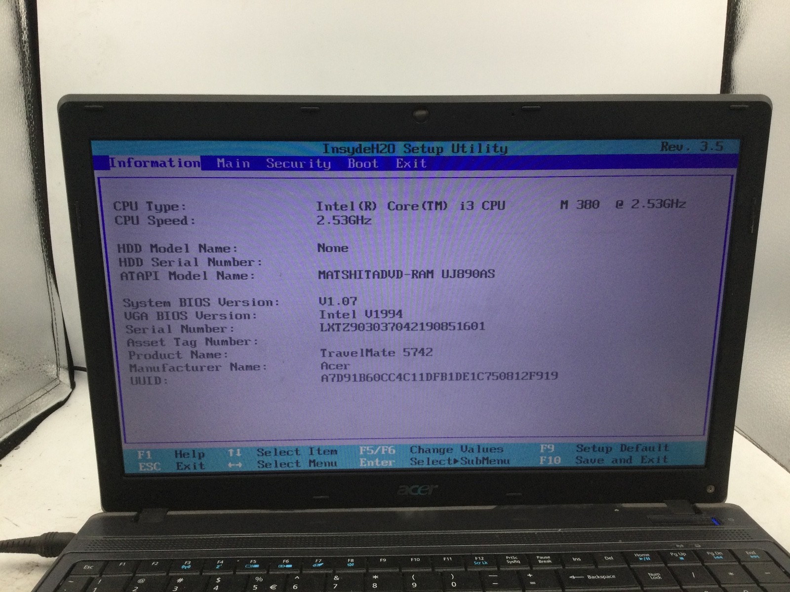 ACER TRAVELMATE 5742 – BOOTS TO BIOS – INTEL I3 M380 – NO RAM – READ DESCRIP-BB