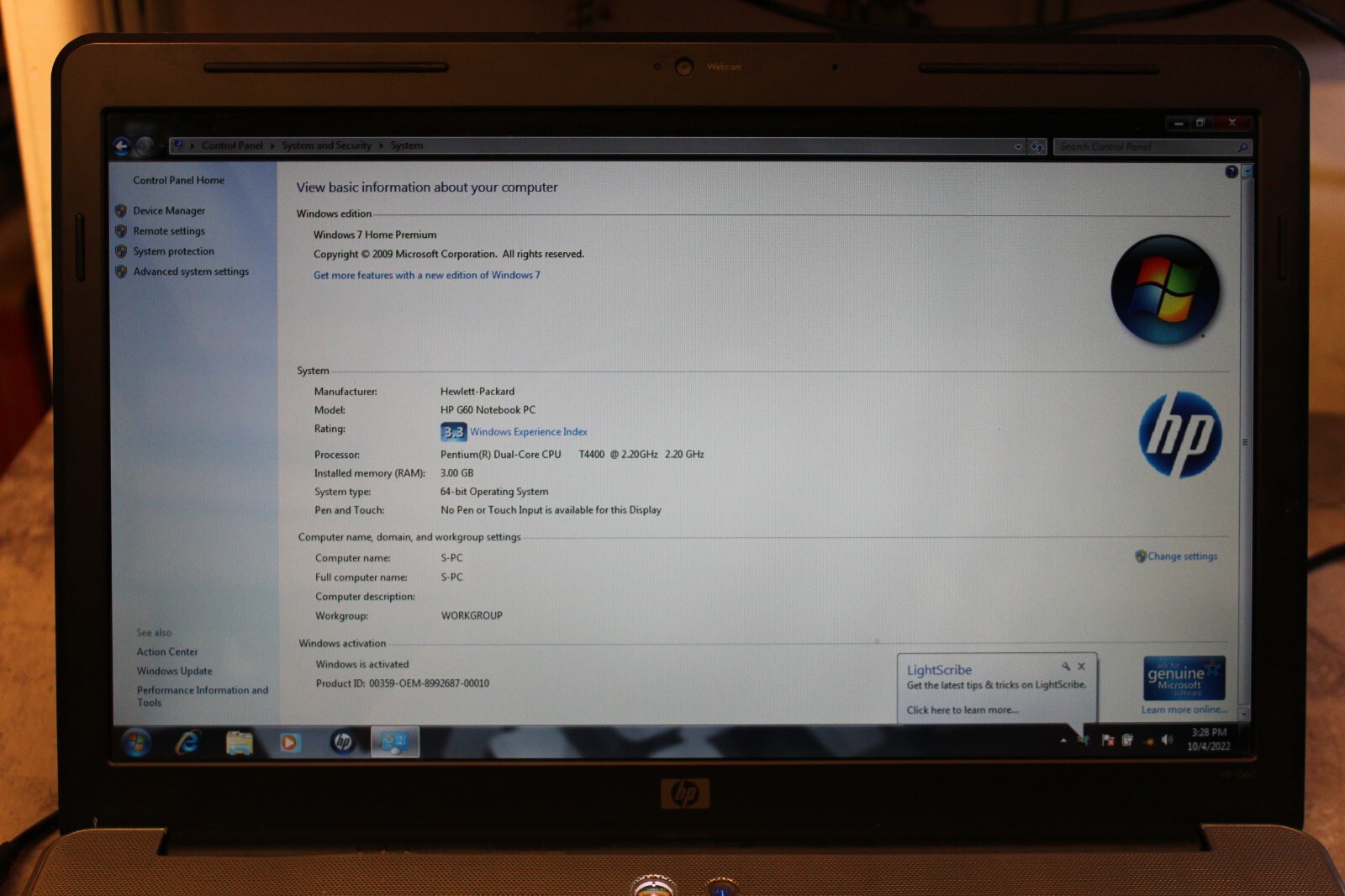 HP G60 Notebook For Parts 320GB HDD Wiped 3GB Ram Pentium T4400@2.20GHz CPU