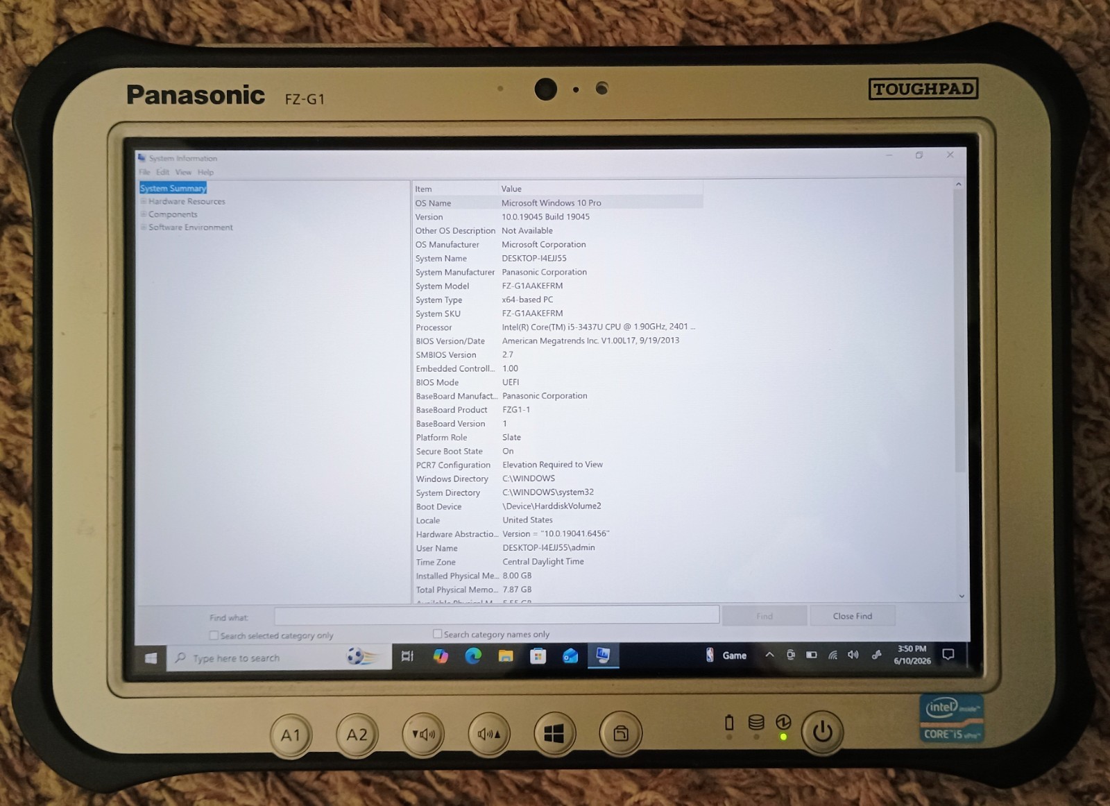 Panasonic Toughpad FZ-G1 i5-3437U 1.9GHz 8GB 256GB Windows 10