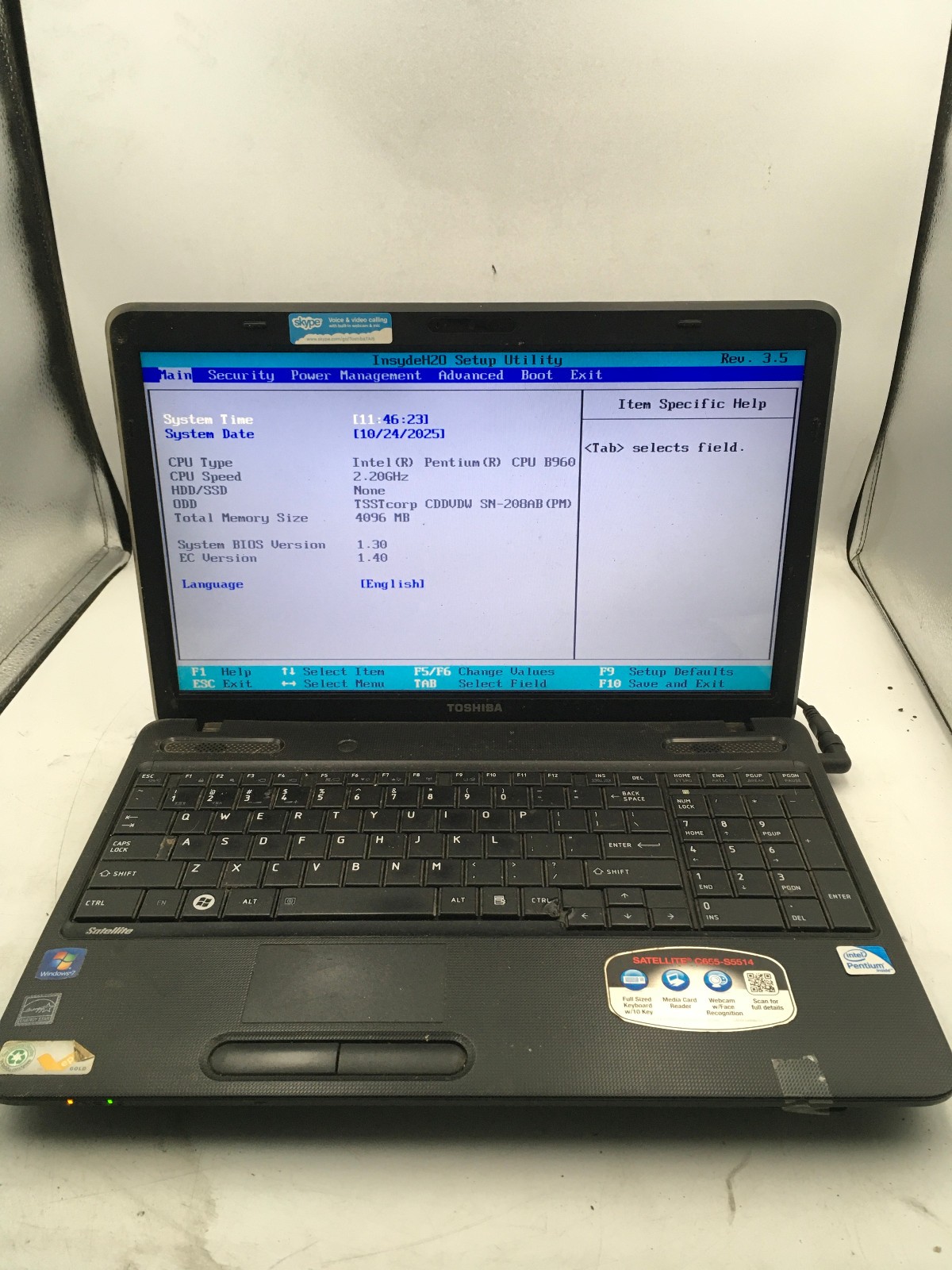 TOSHIBA SATELLITE C655 S5514 -BOOTS TO BIOS-INTEL PENTIUM B960- 4GB RAM -READ-BB