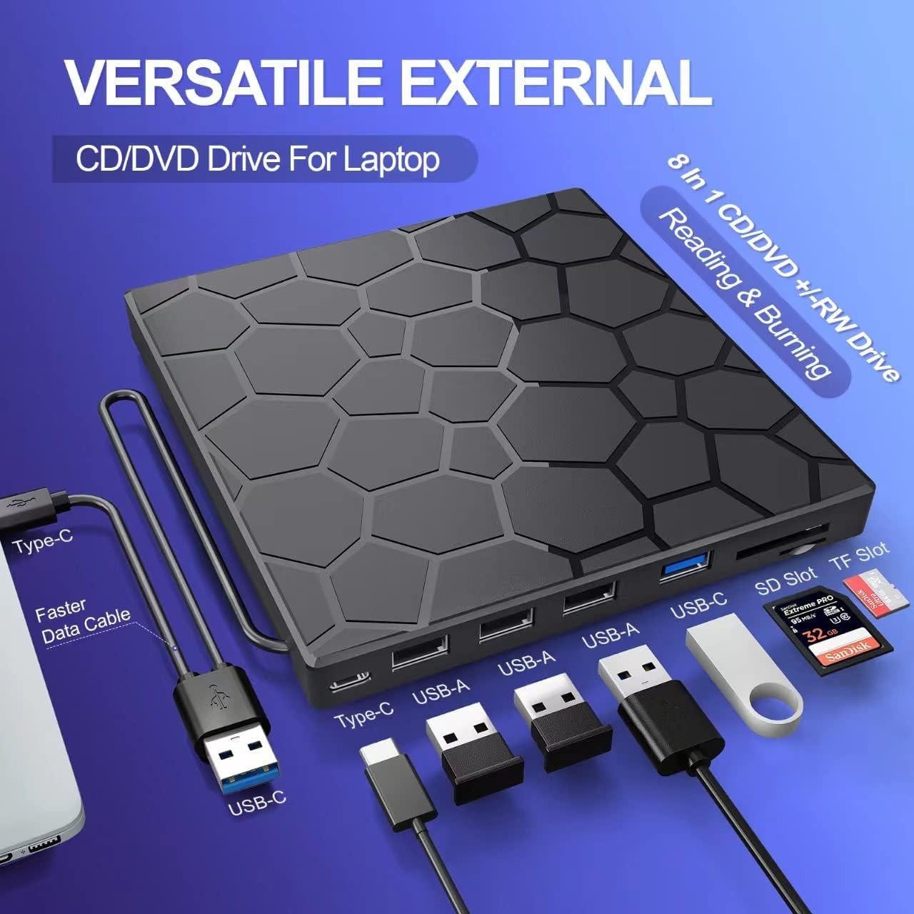 External CD DVD Drive 8-in-1 USB 3.0 Burner Player USB-C SD Card Hub Mac Windows