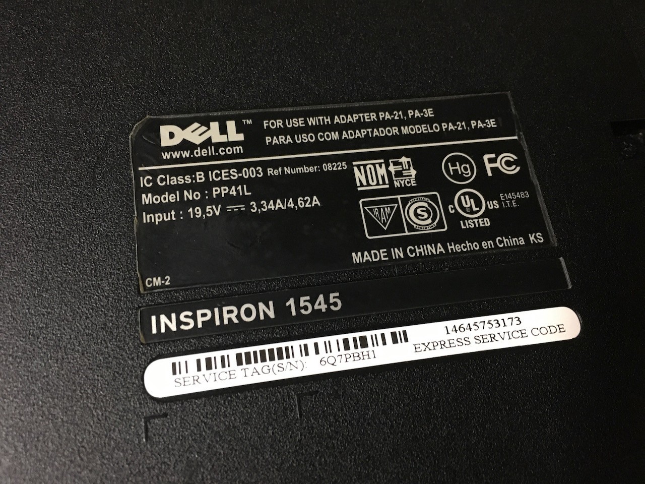 Dell Inspiron 1545 Pentium Dual-Core T4200 2GB 250GB Windows 7 Pro Optical DVD