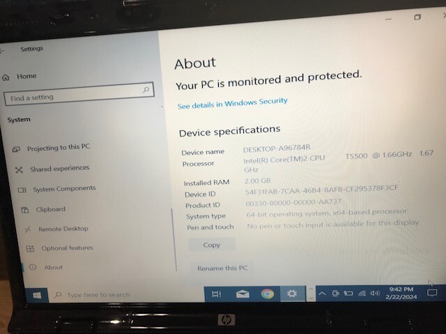 Hp Pavillion Dv93305ca-Intel (R) Core (TM) 2 CPU T5500 @ 1.66 GHZ- 1.67 GHZ