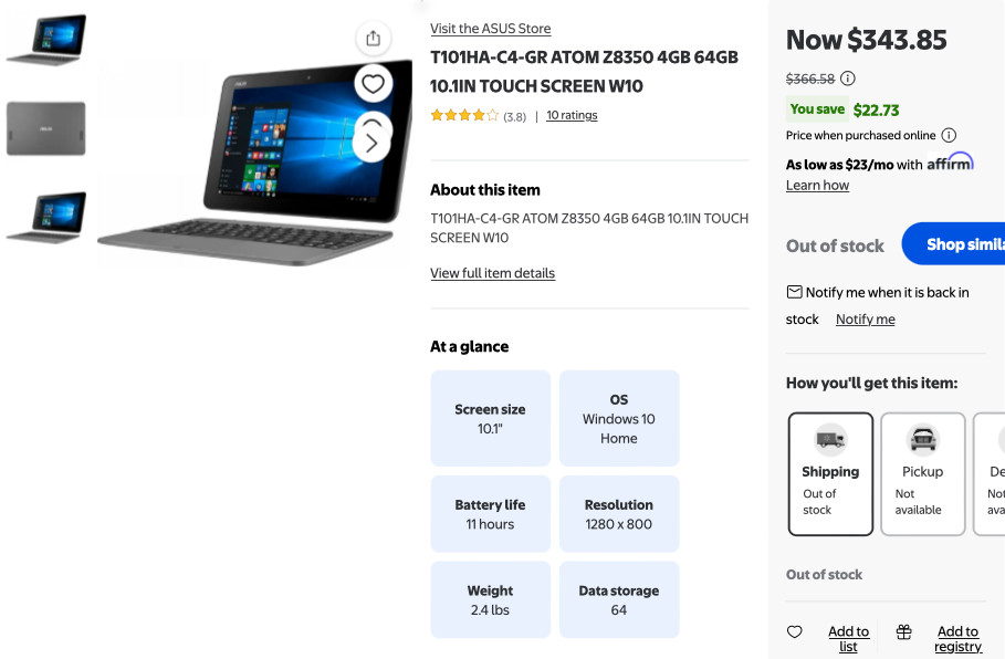 ASUS Transformer Book T101HA-C4-GR 10.1″ 2-in-1 Laptop/Tablet – USED