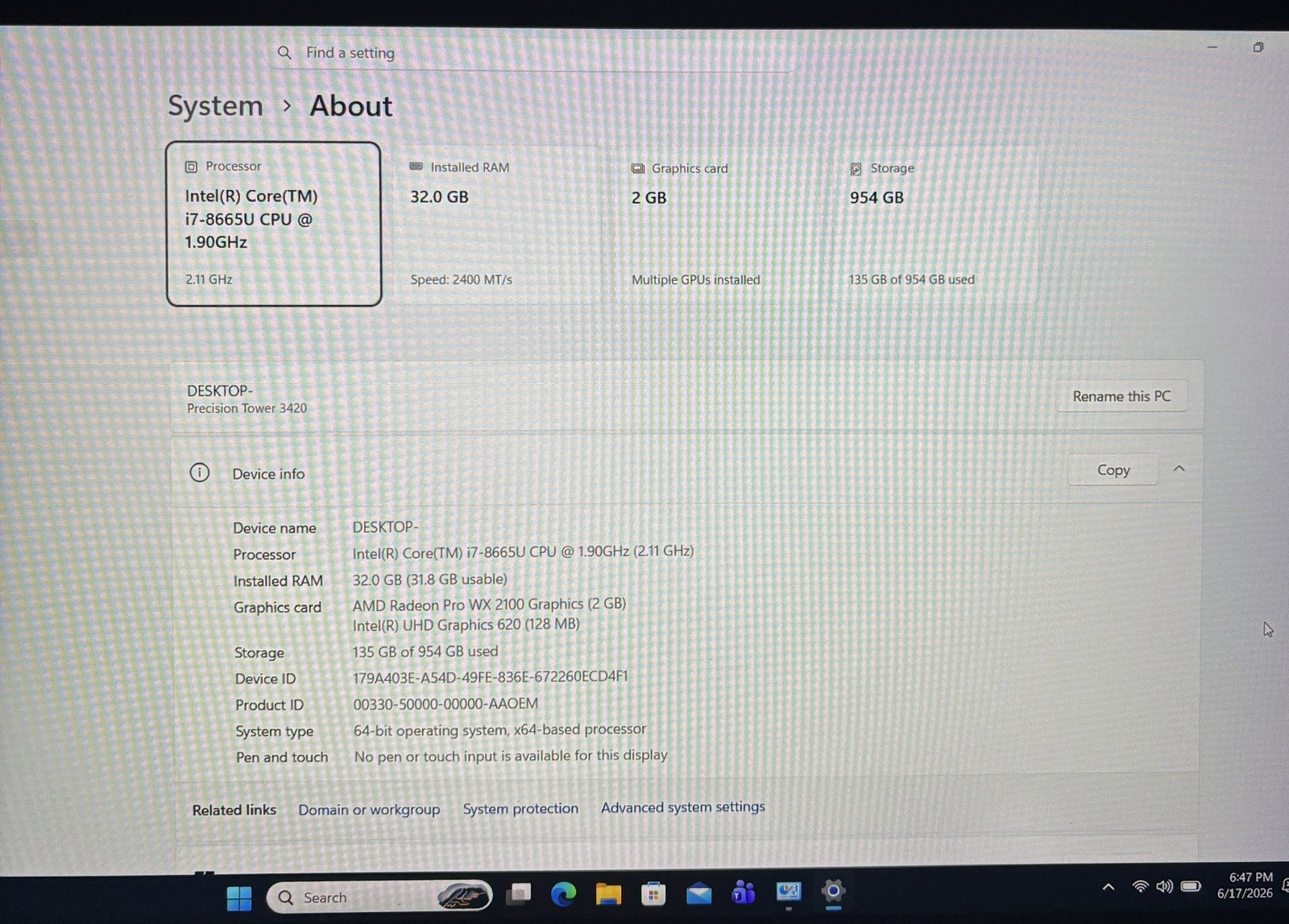 Dell Precision 3540 Workstation i7 8665u 1.90GHz 32GB RAM 1TB SSD Win 11 Pro