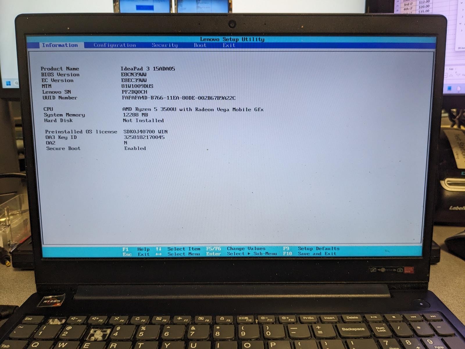 LENOVO IDEAPAD 3 15ADA05 RYZEN 5 3500U @ 2.1 GHz, 12 GB RAM, NO HDD/OS – (PARTS)