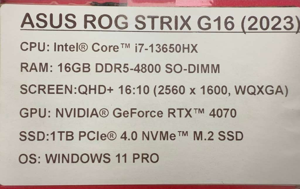 ASUS ROG Strix G16 i7-13650HX RTX 4070 16GB 1TB QHD+ Win11Pro + Charger ✅