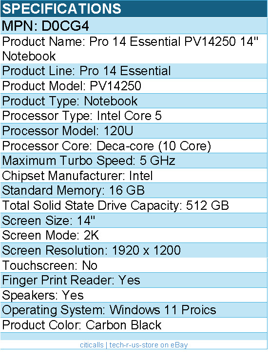 Dell D0CG4 Pro 14 Essential PV14250 14″ Notebook – 2K – 60 Hz – Intel Core 5