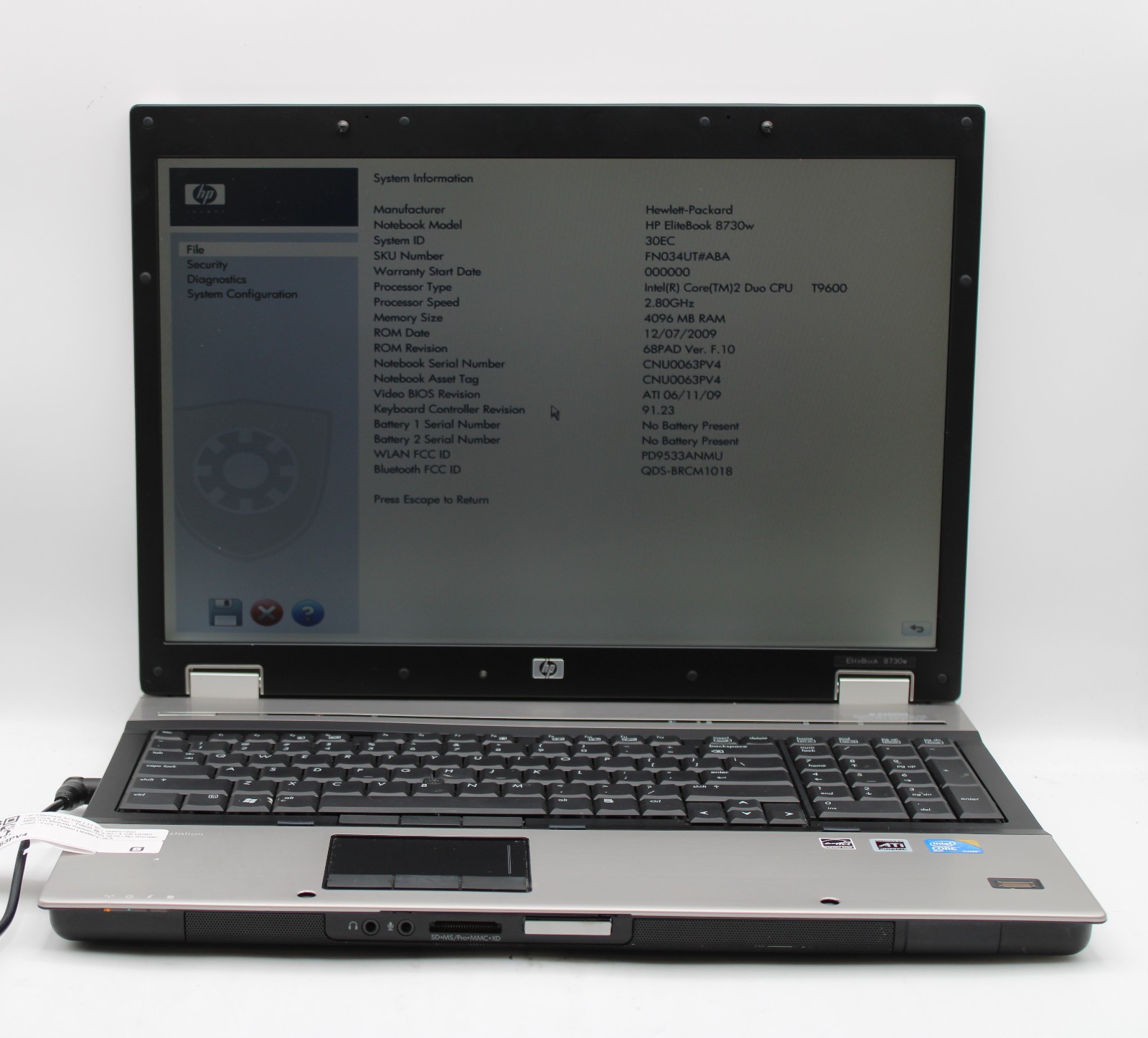 HP EliteBook 8730w _ 2 Duo-T9600 @ 2.8 _ 4GB RAM _ Radeon _ No SSD / OS
