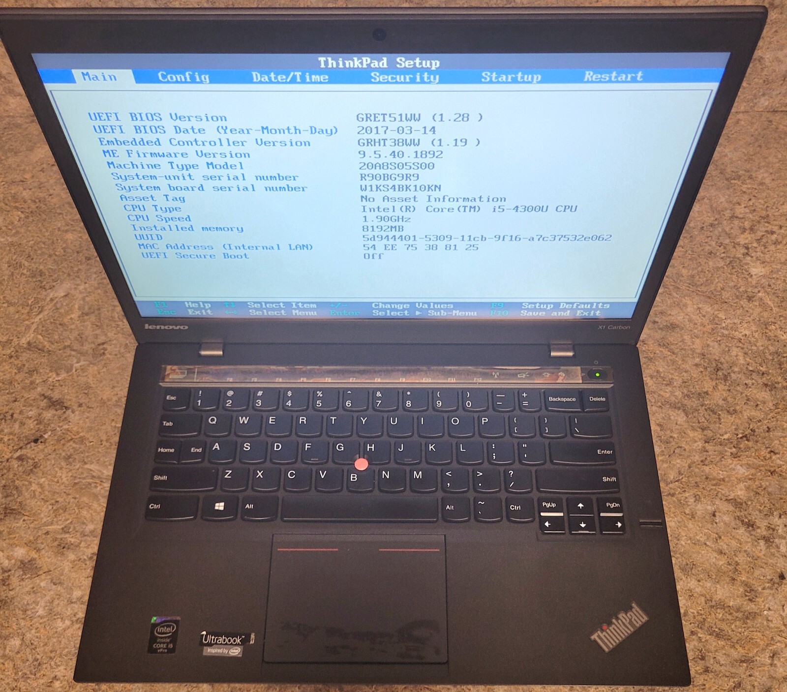 Lenovo Thinkpad X1 Carbon Core I5-4300U 1.9GHz 8GB 256GB**NO OS.