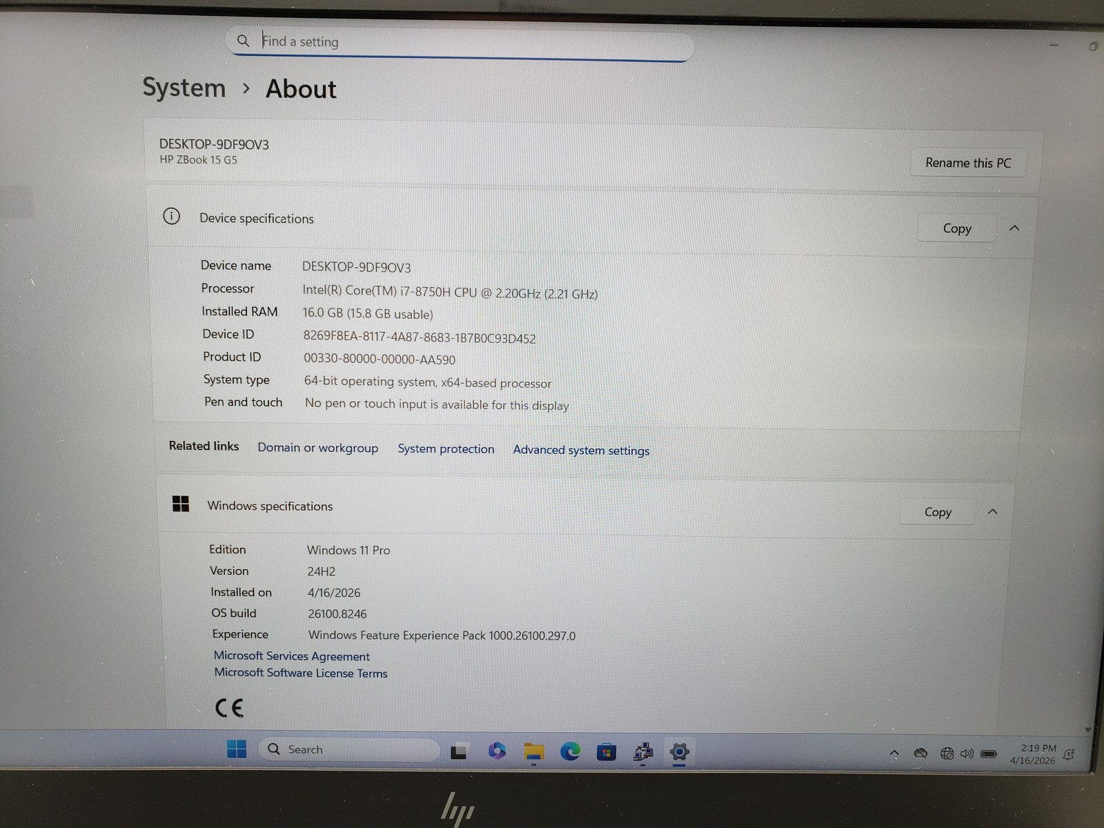 HP ZBook 15 G5 Laptop i7-8th 16GB 256GB SSD Quadro P2000 4GB, Win11 Pro Tested