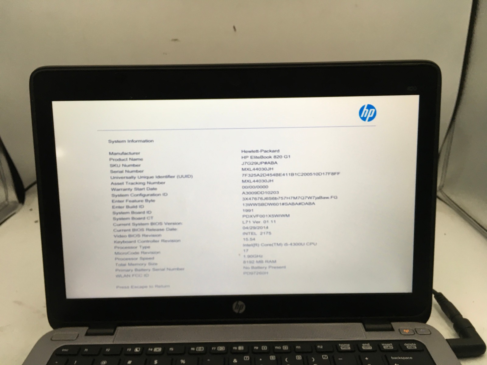 HP ELITEBOOK 820 G1 – FOR PARTS/BIOS LOCK – INTEL I5 4300U – NO RAM – READ – BB