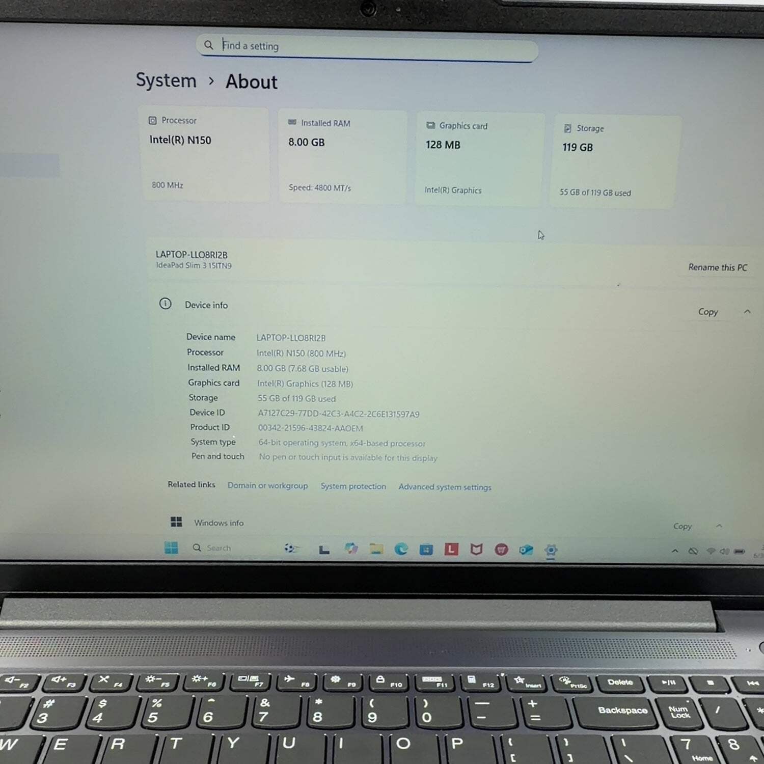 Lenovo IdeaPad Slim 3 15ITN9 15.6″ N150 .8GHz 8GB RAM 128GB SSD
