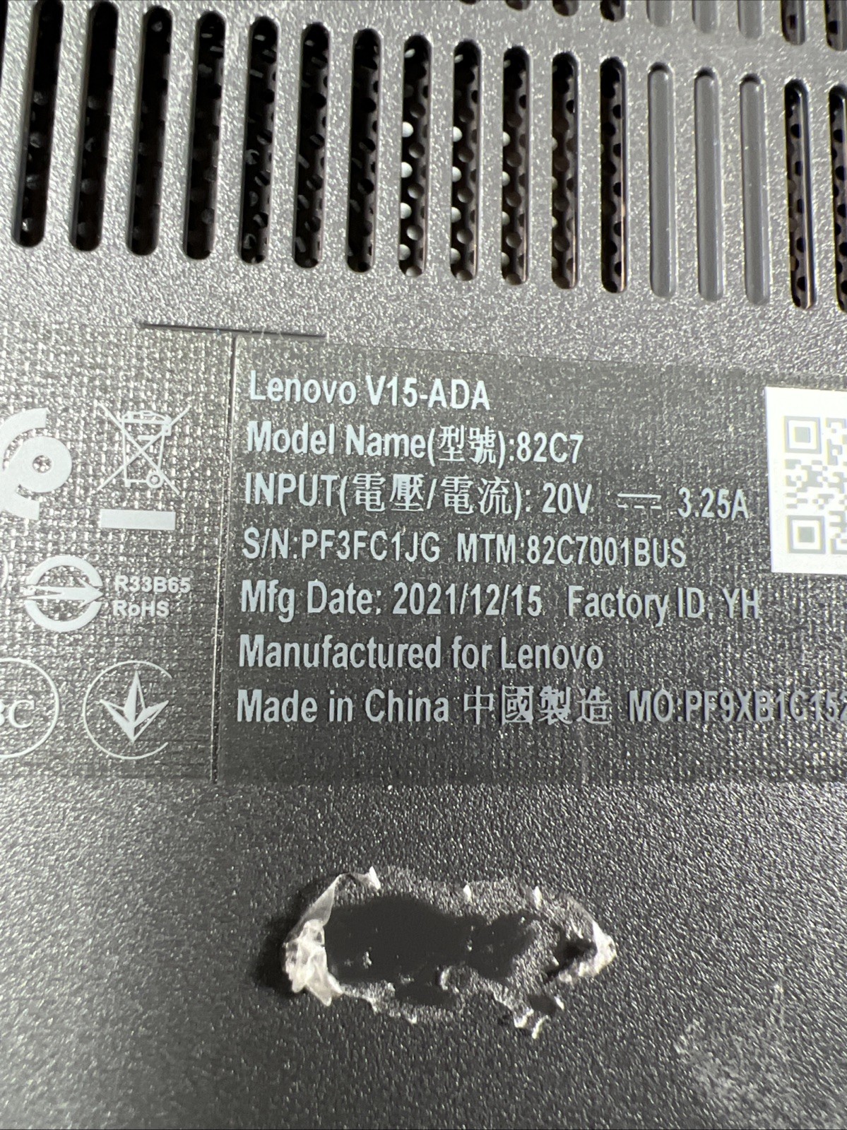 LENOVO V15-ADA AMD ATHLON GOLD 3150U 8GB RAM **NO HD/ NO CADDIE/ NO OS