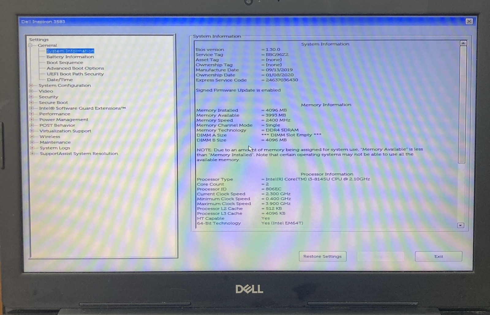 DELL INSPIRON 3583 | INTEL CORE I3-8145U 2.10GHz no RAM NO OS/HDD Boot to BIOS