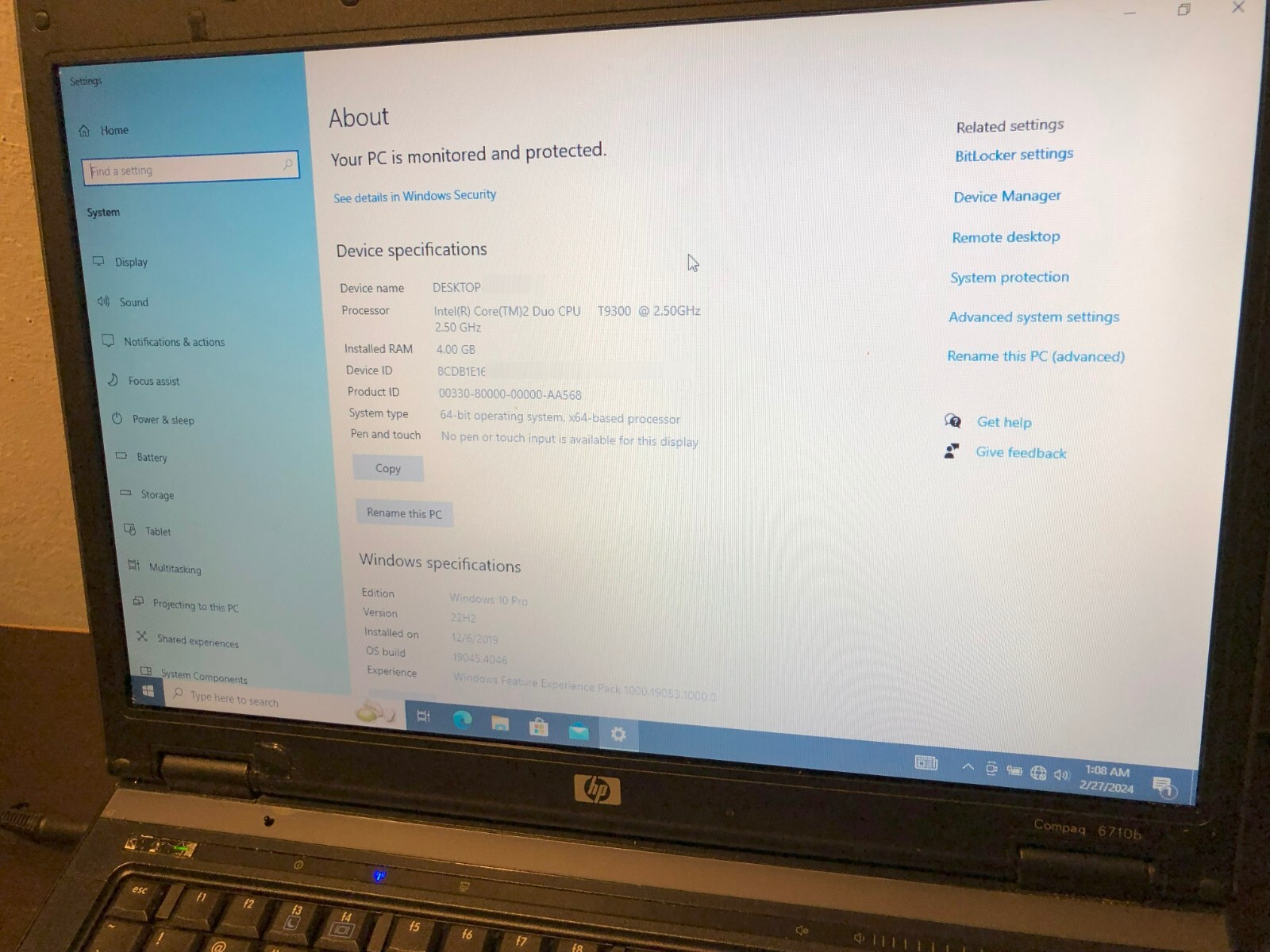 HP Compaq 6710b Laptop 15.4” Intel Core 2 Duo 2.5GHz 4GB RAM 120GB Win10p 2x bat