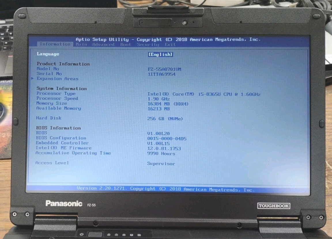 Panasonic ToughBook FZ-55 W/ i5-8365U, 256GB SSD, 16GB RAM. NON TOUCH
