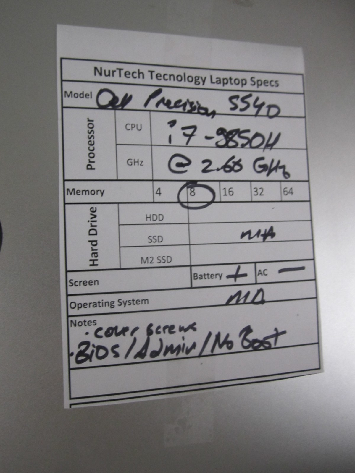 Dell Precision 5540 i7-9850H 8GB 2.60GHZ NO OS/HDD/AC LAPTOP BIOS