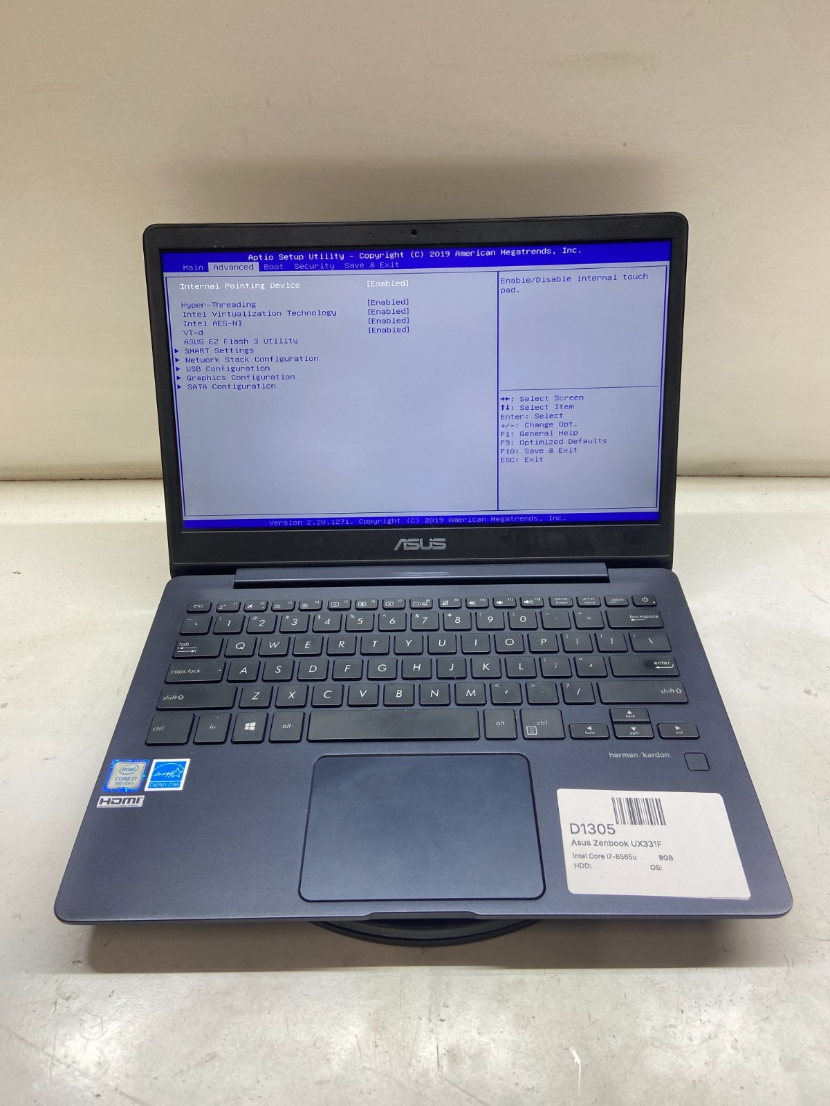 Asus Zenbook UX331F Intel Core i7-8565u 1.8GHz 8GB NO HDD