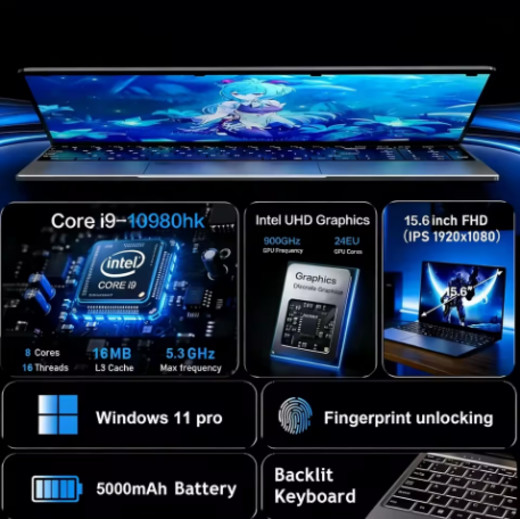15.6” Laptop Intel Core i9-10980HK, 16GB + 512GB , Backlit KB, Fingerprint Scan