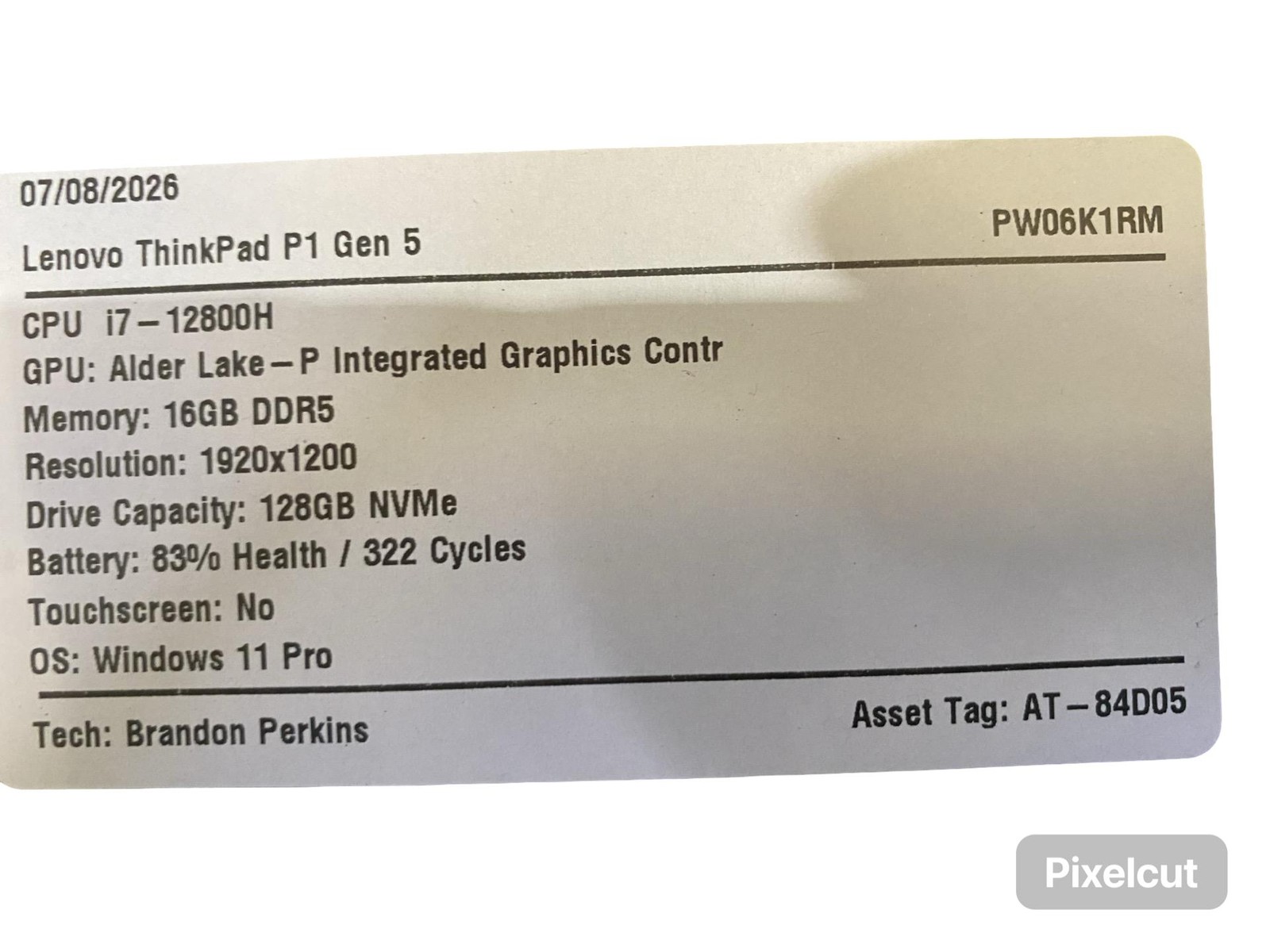 Lenovo ThinkPad P1 Gen5 i7 12800H 16GB Win11Pro 128GB Battery Inc Grade C