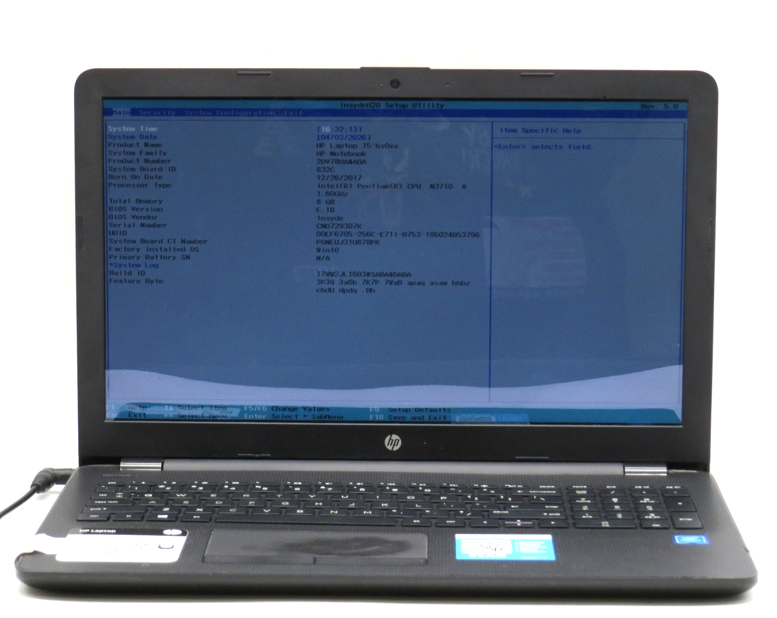 HP 15-bs020wm | Pentium-3710 @ 1.60GHz | 8GB DDR3 | 256GBSATA SSD | No OS