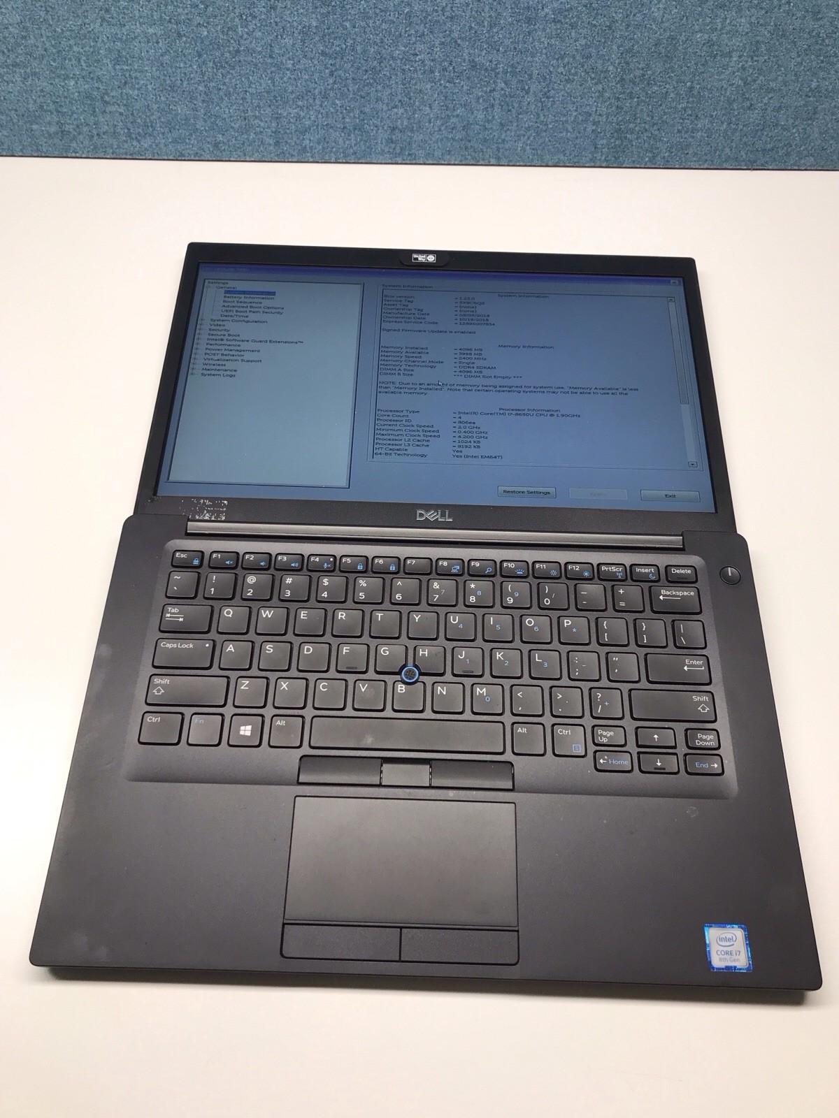 Dell Latitude 7490 i7-8650U 4GB NO SSD, OS, AC Boots to Bios