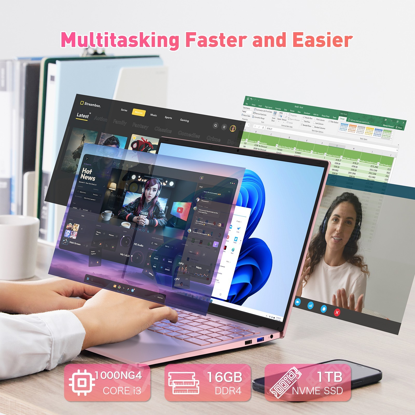 Auusda 16″ Thin & Light Home Laptop, Intel i3, 16GB RAM, 1024GB SSD, Win 11 Pro