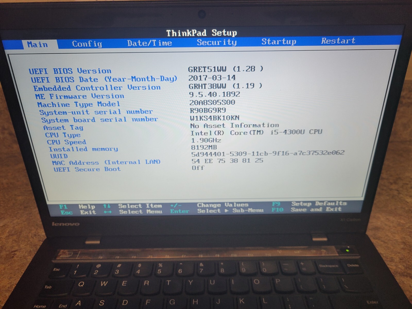 Lenovo Thinkpad X1 Carbon Core I5-4300U 1.9GHz 8GB 256GB**NO OS.