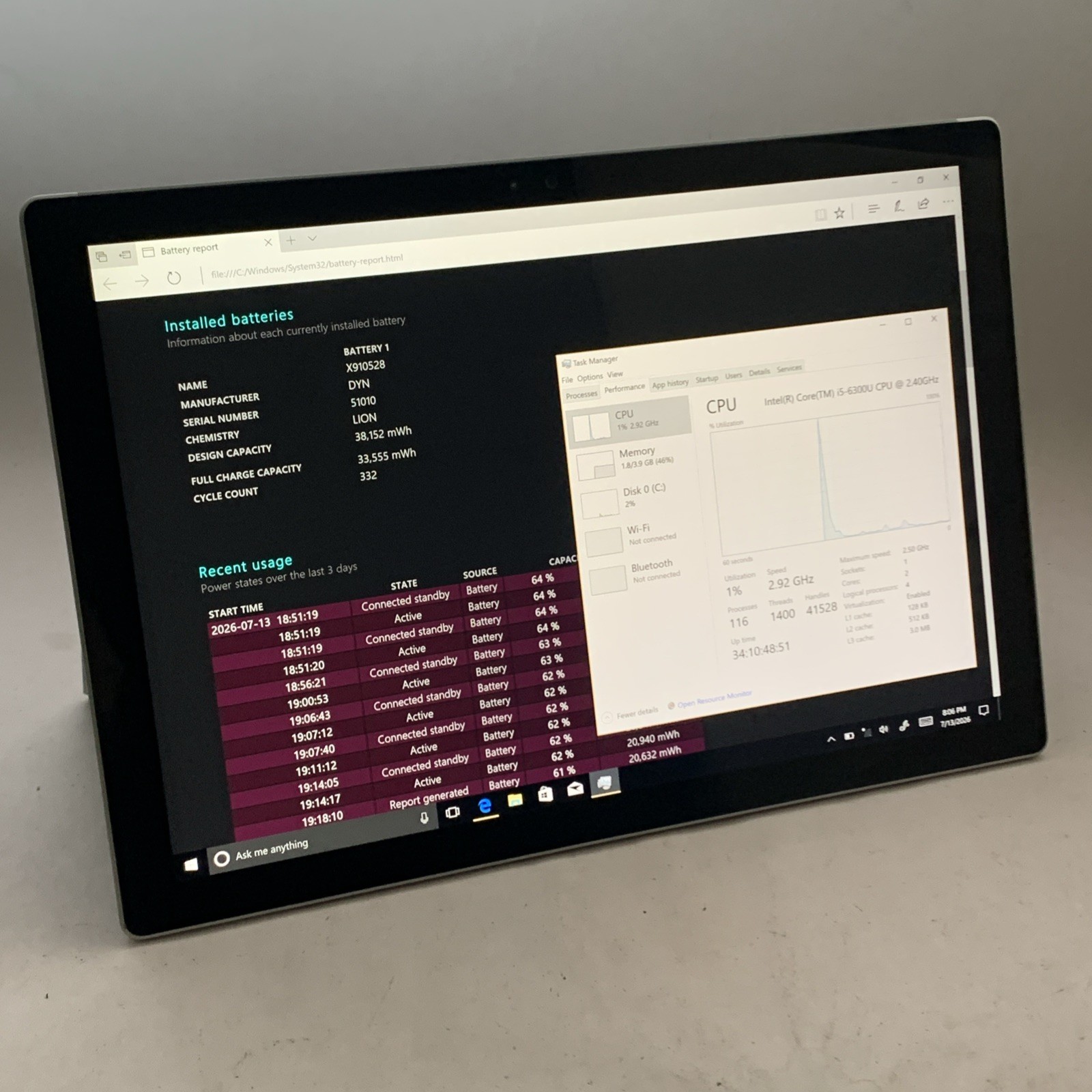Microsoft Surface Pro 4 1724 Intel i5-6300U 4GB RAM 128GB Windows 10 Pro