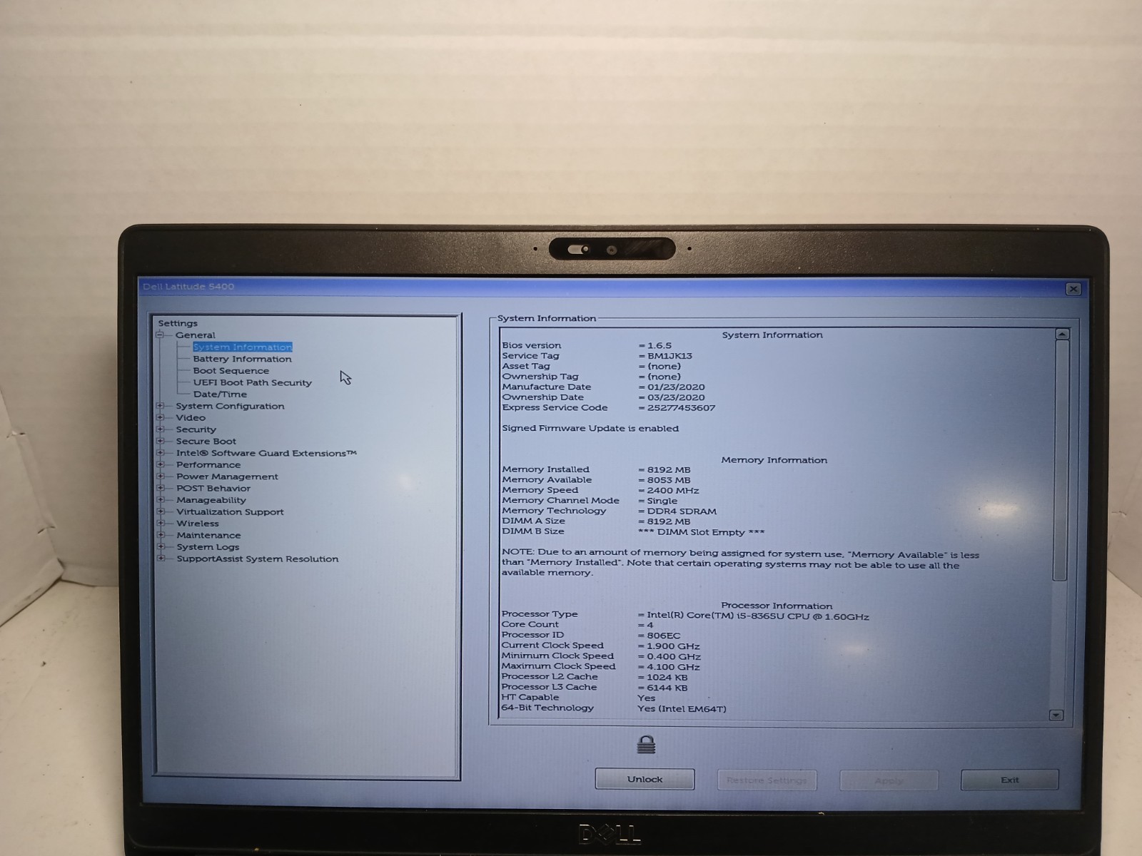 Dell Latitude 5400 14″ Laptop i5-8365U 2.80 GHz 8GB RAM BIOS PW!! #97
