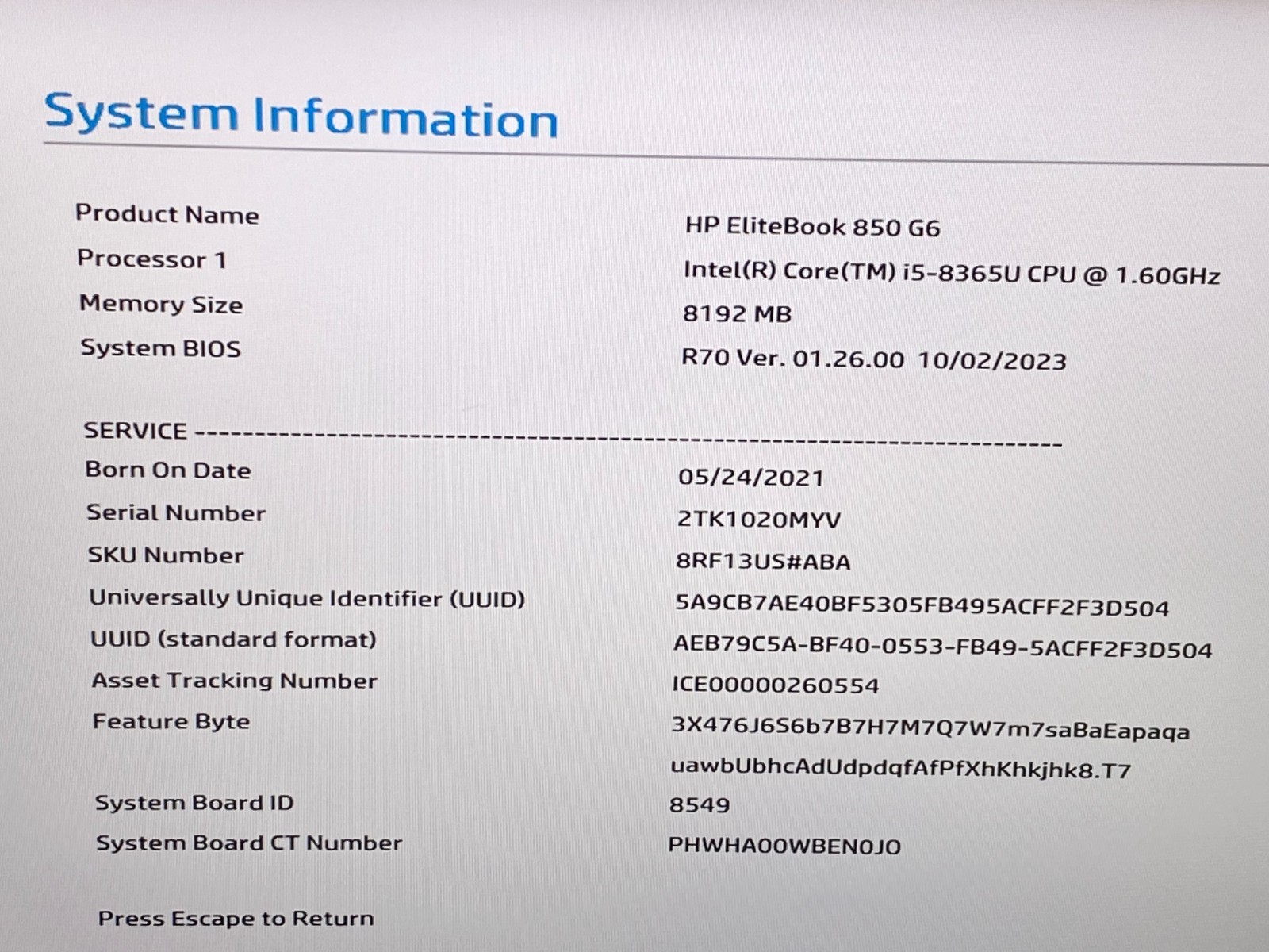 HP ELITEBOOK 850 G6 i5-8365U@1.60GHz 8GB RAM NO SSD/OS *READ