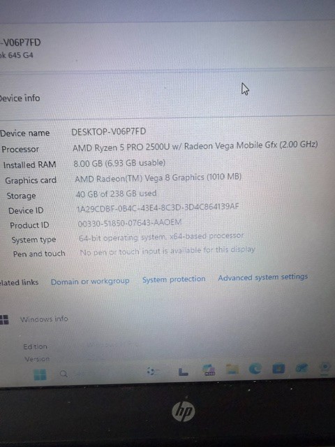 HP ProBook 645 G4 Ryzen 5 Pro 2500U 256GB SSD 8GB RAM (No Charger Included)