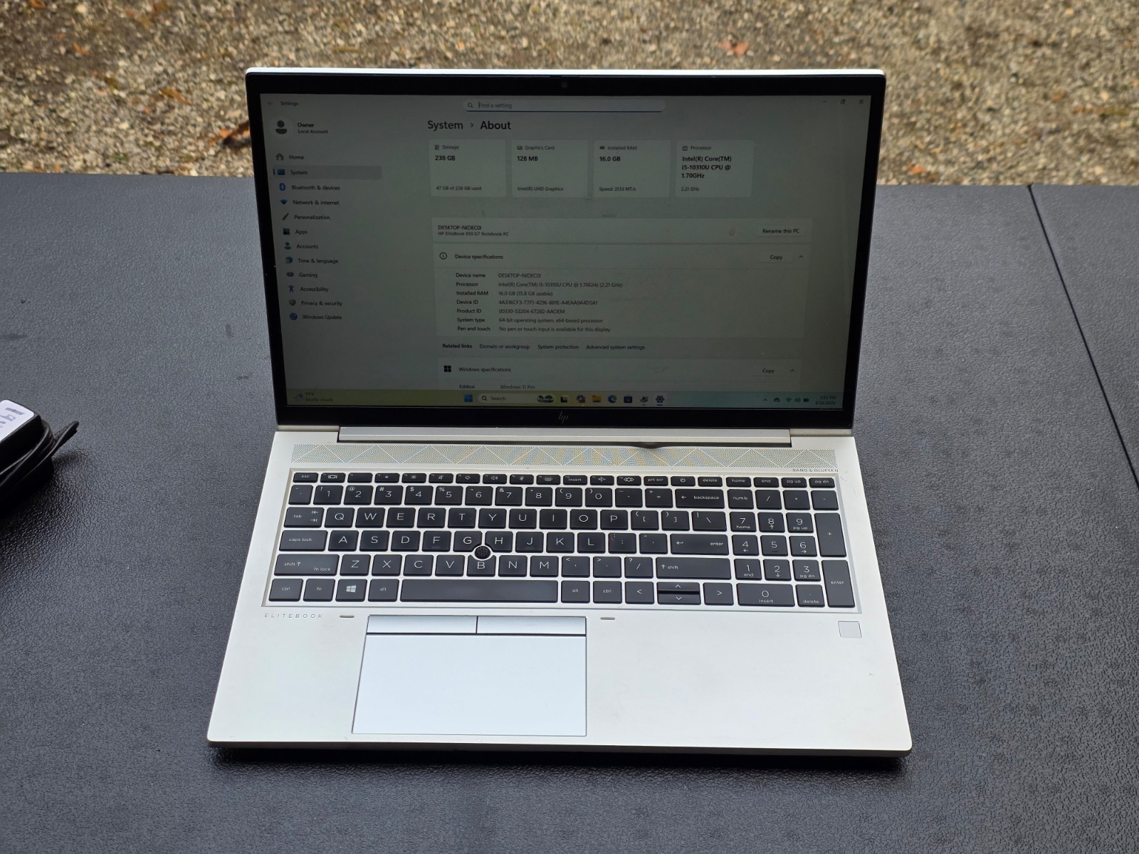 15″ HP EliteBook 850 G7 Notebook PC – i5-10310U, 16GB, 256GB NVMe M.2 SSD
