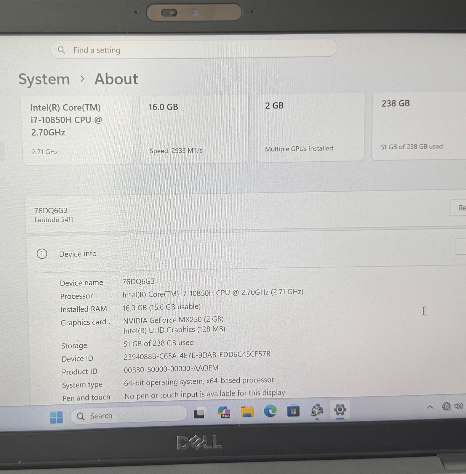 Dell Latitude 5411 14″ 256SSD, Core i7-10850H, Hex 16GB MX250 Win11 Pro Grade C