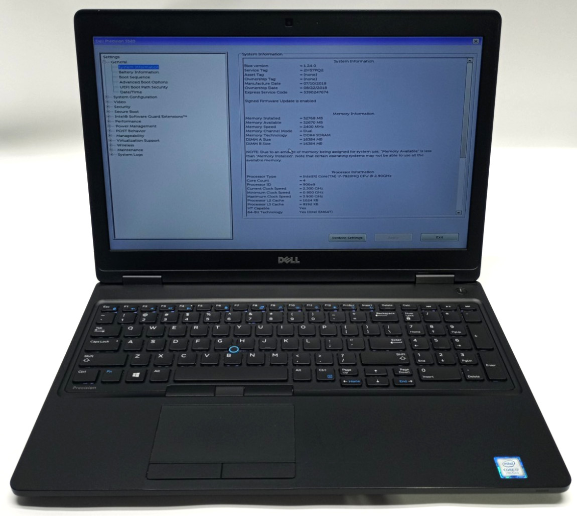Dell Precision 3520 15.6″FHD i7-7820HQ@2.90GHz 32GB RAM NVIDIA No HDD/OS MC327*!