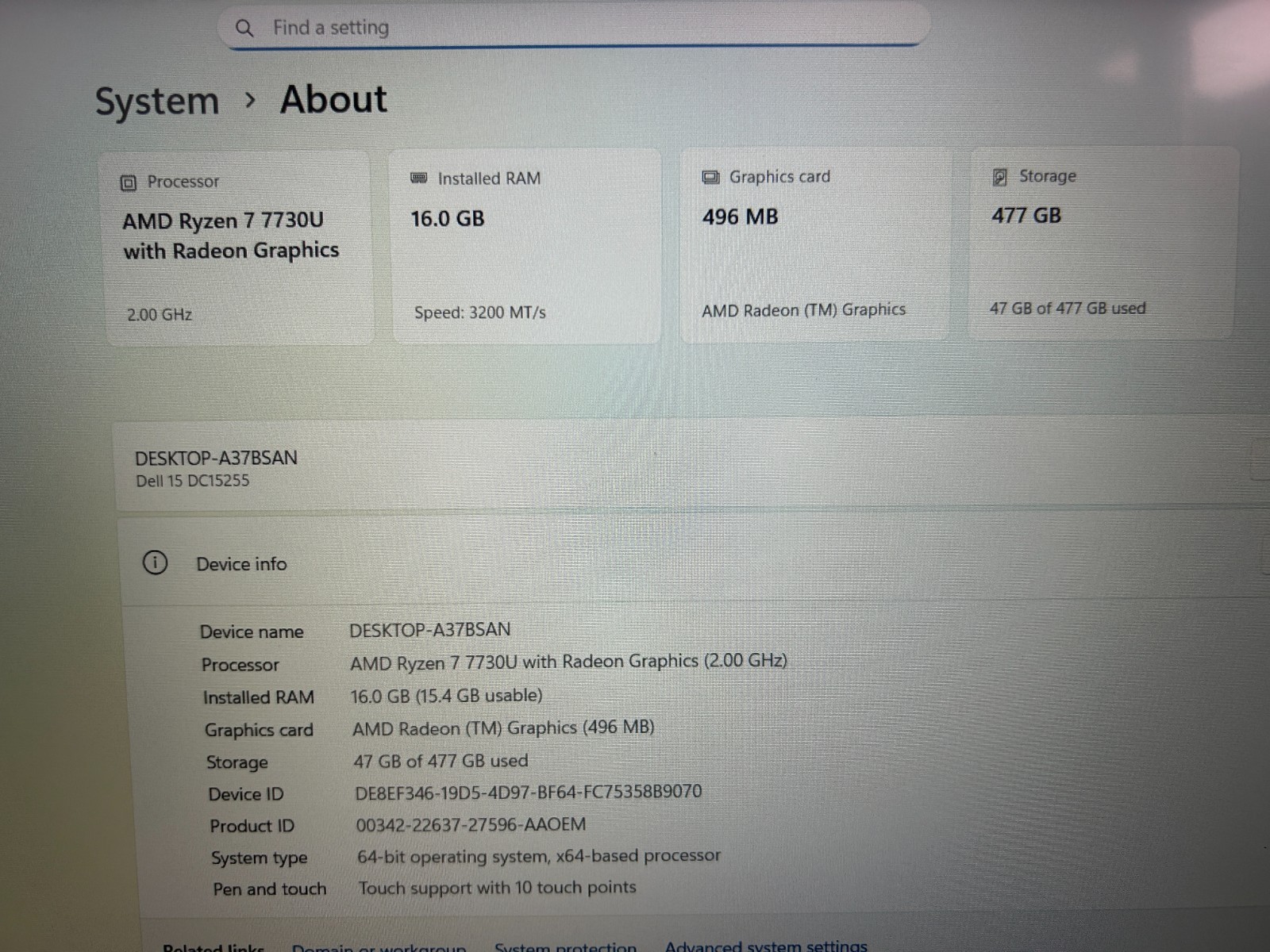DELL 15 DC15255 G8MK9, AMD Ryzen 7 7730U, 2.00 GHz, 16 GB RAM, 512 GB NVMe SSD