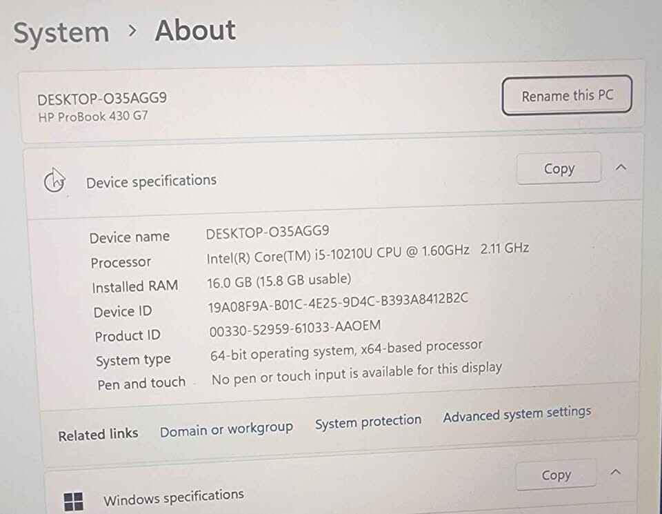 HP Probook 430 G7, 14″, Core i5-10210U, 16GB RAM, 256GB SSD, Windows 11 Pro