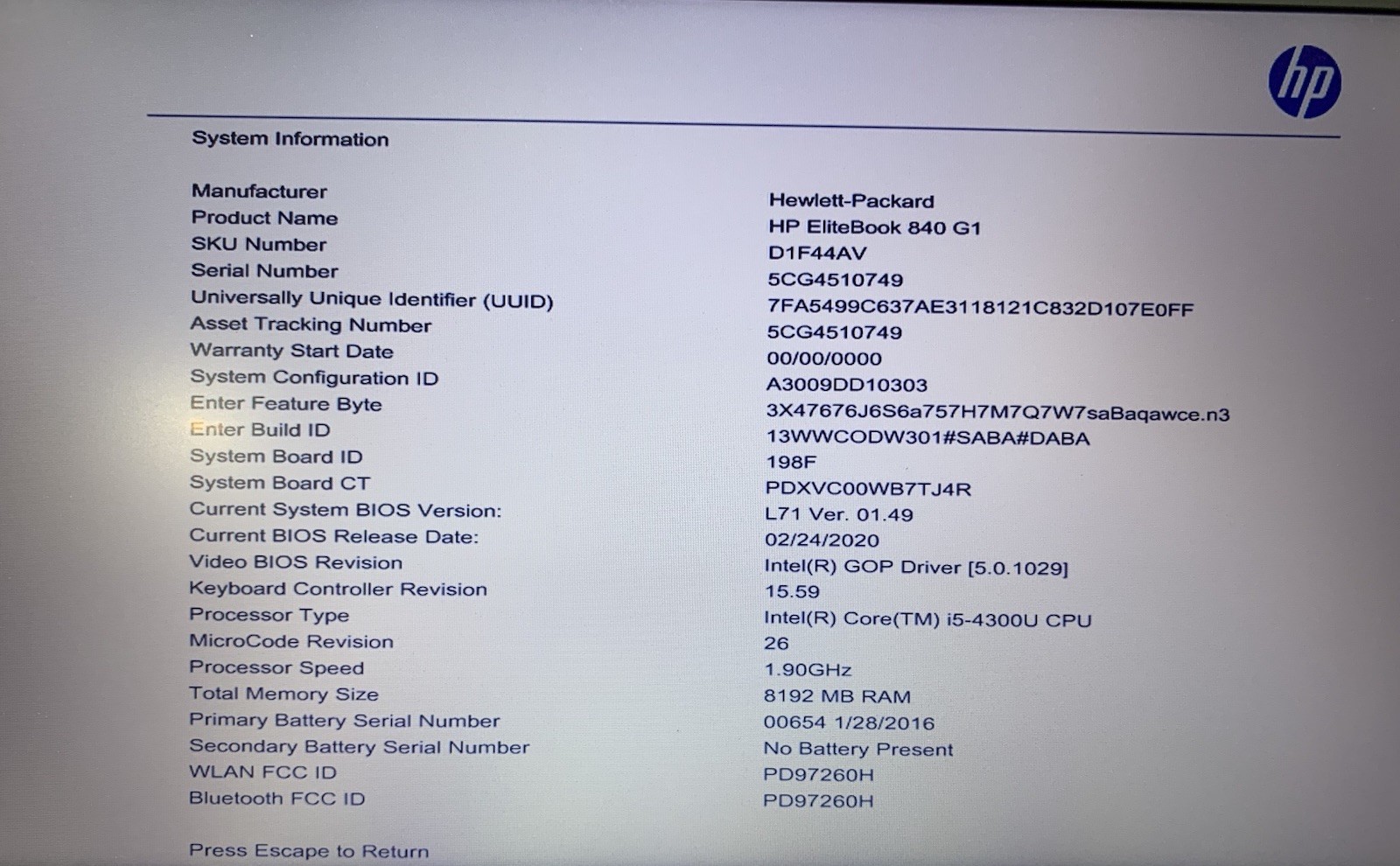 HP EliteBook 840 G1 14″, Intel Core i5-4300U @ 1.9GHz, 8GB RAM, No SSD/OS