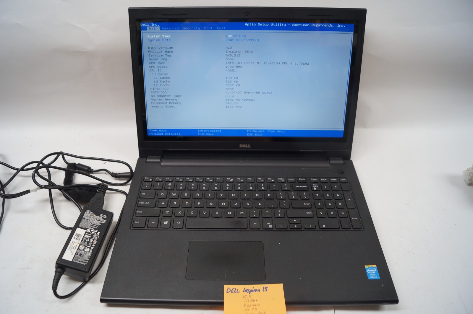 Dell Inspiron 15 3542 15.5″ 1.7GHz 8GB Mem No HD Needs New Batt WORKING PoR B153