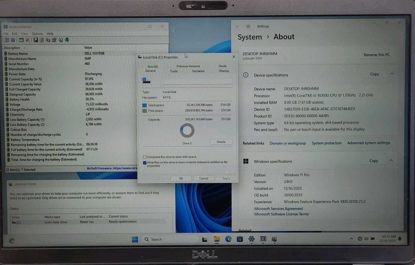 Dell Latitude 5510 Intel Core i5-10310U @ 1.7GHz 8GB RAM 256GB SSD W11P *READ*